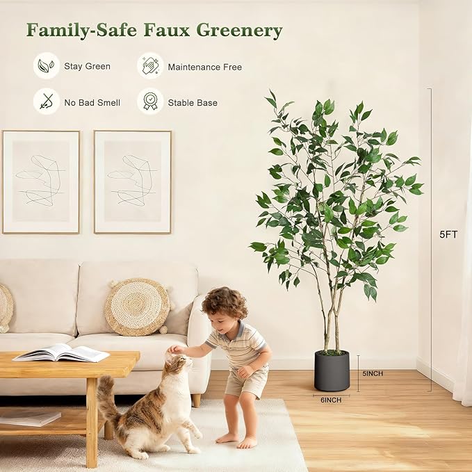 5FT Ficus Trees Artificial Indoor, Faux Silk Plant with Natural Wood Trunk and Lifelike Fruits, Black Imitation Ceramic Planter with Green Fake Moss for Modern Home Office Living Room Decor