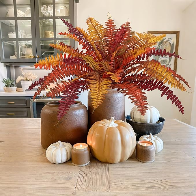 Fall Ferns Artificial Plants 37 Fronds Faux Ferns for Outdoor Planter Fake Fall Leaves Stems Artificial Fern Bouquet Silk Autumn Shrubs for Table Centerpiece Porch Vase Home Garden Thanksgiving Decor