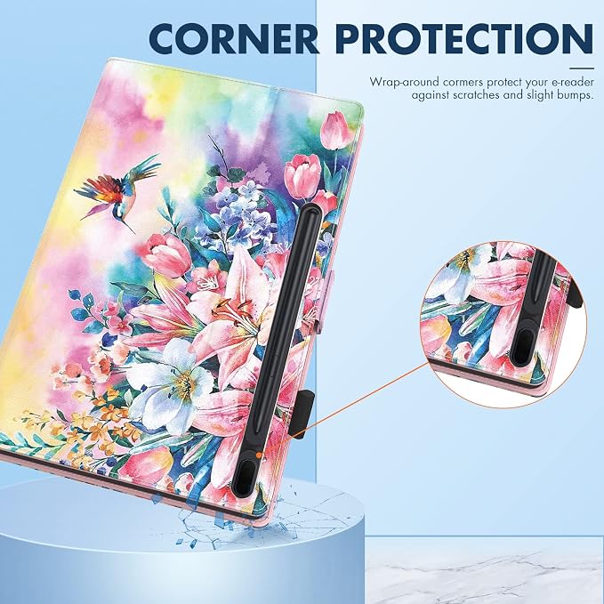 Dteck Wallet Case for Galaxy Tab S10+/S9+/S7 FE/S8+/S7 Plus 12.4 Tablet Premium PU Leather Folding Stand Auto Wake/Sleep Pen Holder Case with Hummingbirds