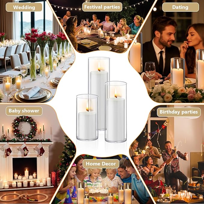 12 PCS White Pillar Candles with Glass Candle Holders Clear Hurricane Candle Holders Glass Cylinder Vases for Centerpieces Wedding Party, Event, Home Office (6 Candles+6 Candle Hoders)
