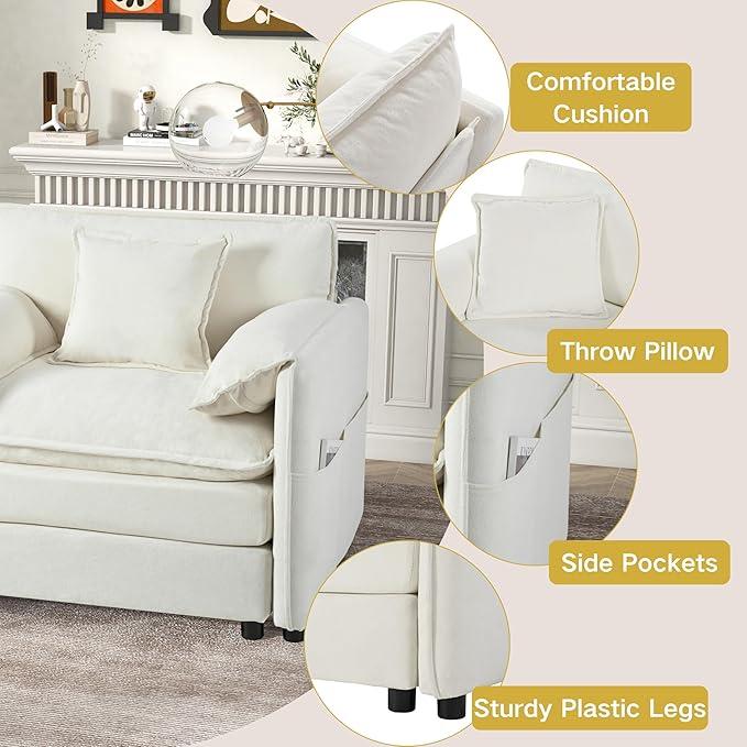 Loveseat Deep Seat Sectional Sofa Cloud Couch, Modern Chenille Comfy Upholstered Modular U Shaped Couch for Living Room, Apartment, Office (White, 75.59 Inch-U Shape)