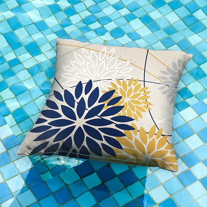 Outdoor Pillow Covers 16x16 Inch Set of 2 Navy Blue Yellow Outdoor Waterproof Decorative Throw Pillows Summer Spring Decor for Home Patio Funiture Garden Living Room Polyester Cushion Covers 01G16