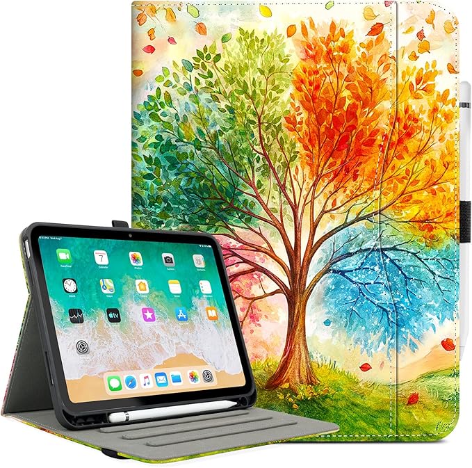 Lokigo Case for iPad (A16) 11th/10th Generation Aurora Forest | for iPad 11th-11 Inch/10th-10.9 Inch Stand Cover Pencil Holder/Hand Strap/Pocket Support Touch ID Auto Wake/Sleep