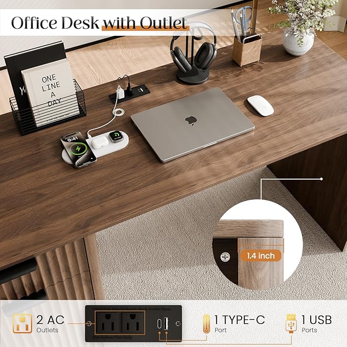 60" Fluted Home Office Desks with Storage, Modern Executive Desk Computer Desk with Drawer & Cabinet, Wood Work Desk for Office, Bedroom, Study, Living Room, Walnut