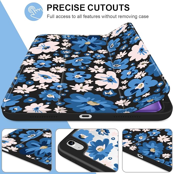 MecBevia Case for iPad Air 11-inch M4 2026 / M3 2025 / M2 2024 | Built-in Pencil Holder Shockproof Clear Hard Back Trifold Stand Auto Wake/Sleep Blue Bow