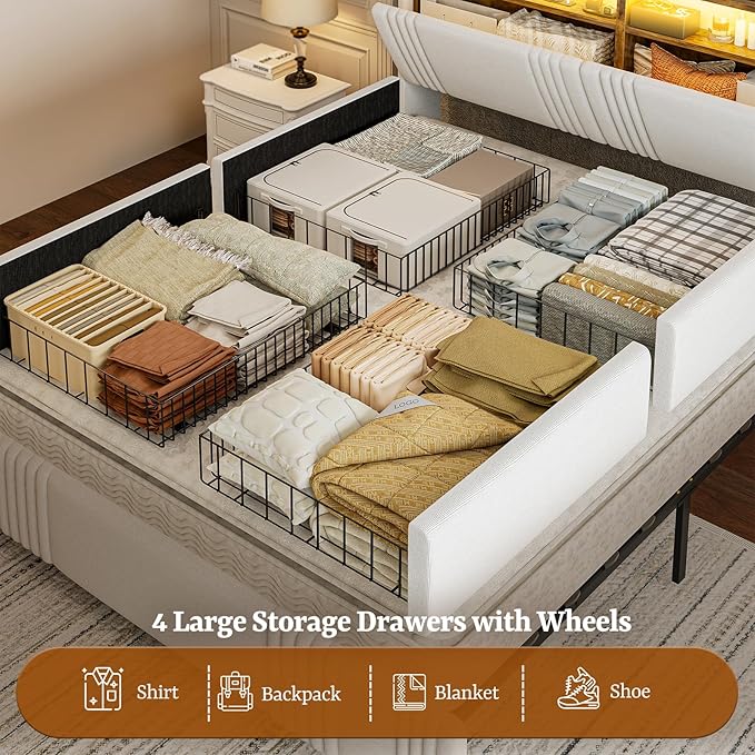 IKIFLY Queen Bed Frame with Hidden Storage Headboard & 4 Drawers, 49.2” Tall Upholstered Wingback Headboard with LED Lights and Charging Station, No Box Spring Needed, Solid Wood Slats, White