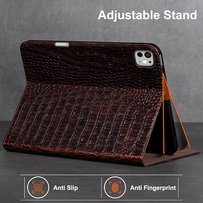Gexmil Leather Case for iPad Pro 11 Inch M5/M4 2025/2024Crocodile Brown | Genuine Leather CoverPencil HolderMagnetic ClosureSmart Folio Auto Sleep/WakeProtectiveAdjustable Stand