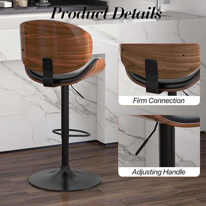 Adjustable Swivel Bar Stools Set of 3, Modern Bentwood Barstool with Large Metal Base and Footrest, PU Leather Upholstered Bar Chair with Curved Back for Kitchen Island Dining Room, Black