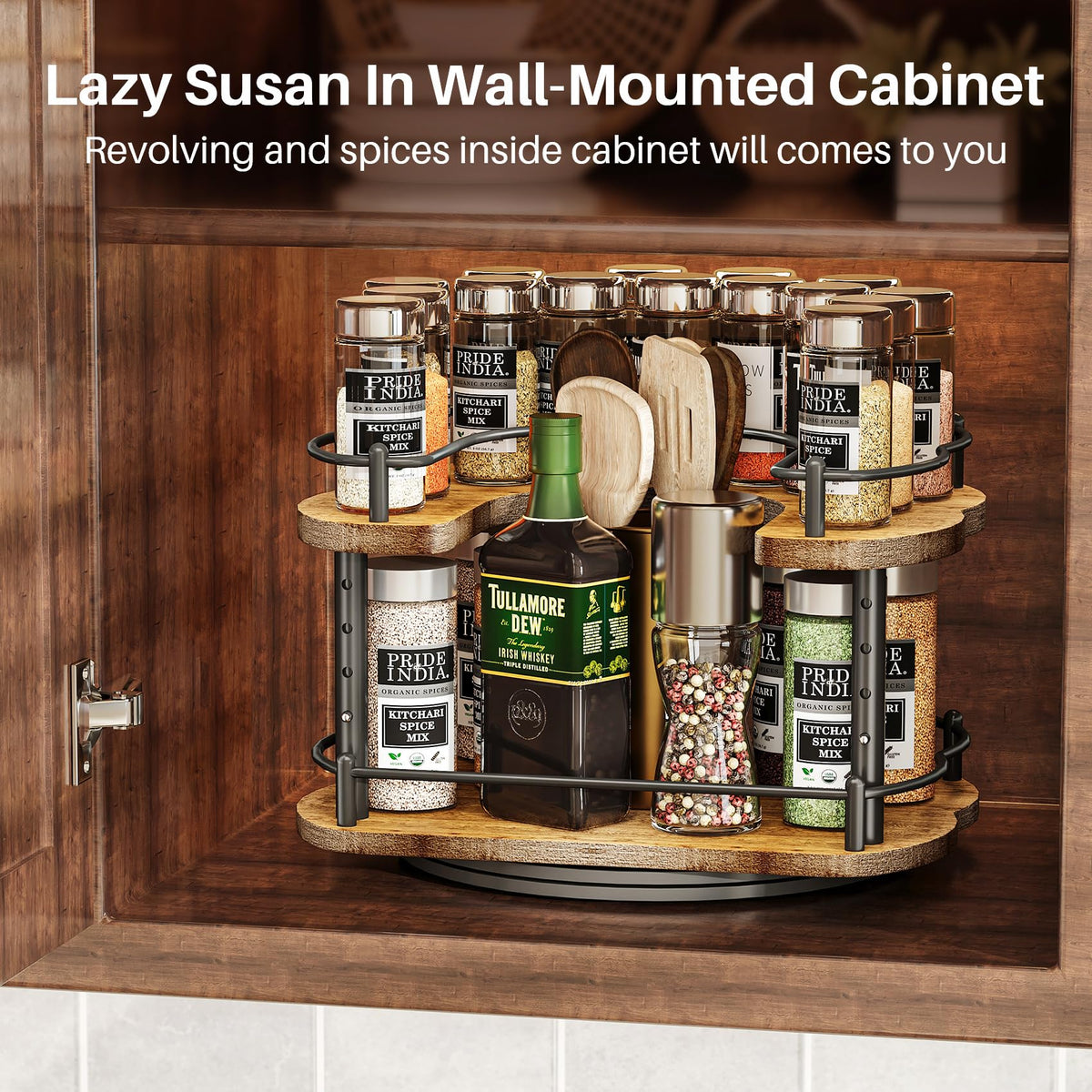 Lazy Susan Organizer Spice Rack - Spice Organization for Cabinet Height Adjustable Rotating Lazy Turntable, Pantry Kitchen Wood Revolving Seasoning Organizer, 12 inches, Black