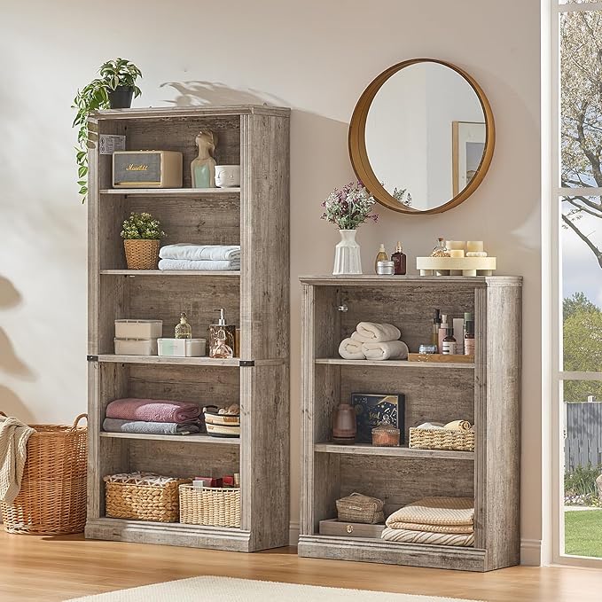 43" Grey Tall Bookshelf Set of 3,3-Tier Thick Wooden Book Shelf with Adjustable Shelves,Free Standing Farmhouse Bookcase with Open Display Storage,Floor Vintage Bookshelves for Living Room