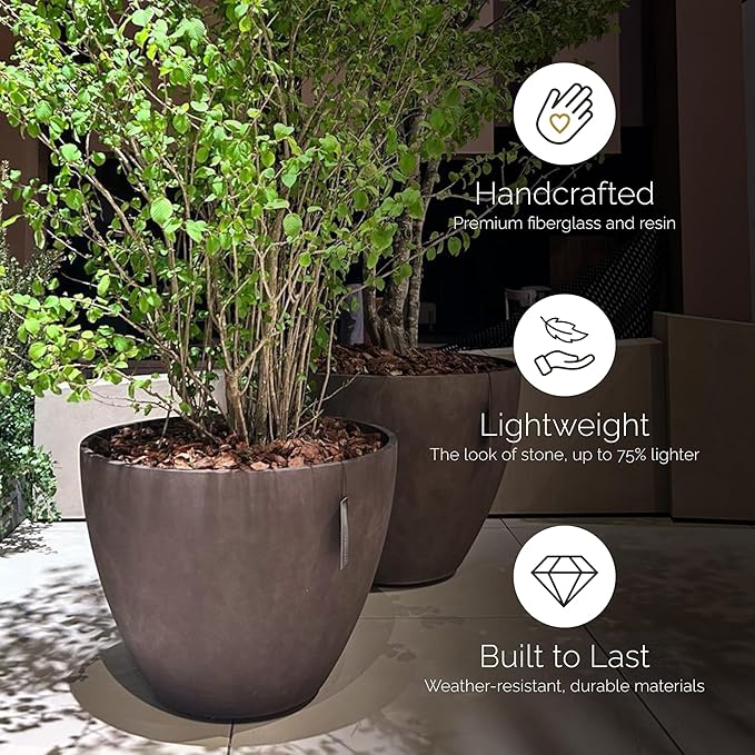 Lupo Tapered Planter – Sand Stone Finish – Fiberglass Indoor/Outdoor and Weather-Resistant Medium Planter (20" D x 15.4" H Exterior, 18.9" D x 14.8" H Interior)