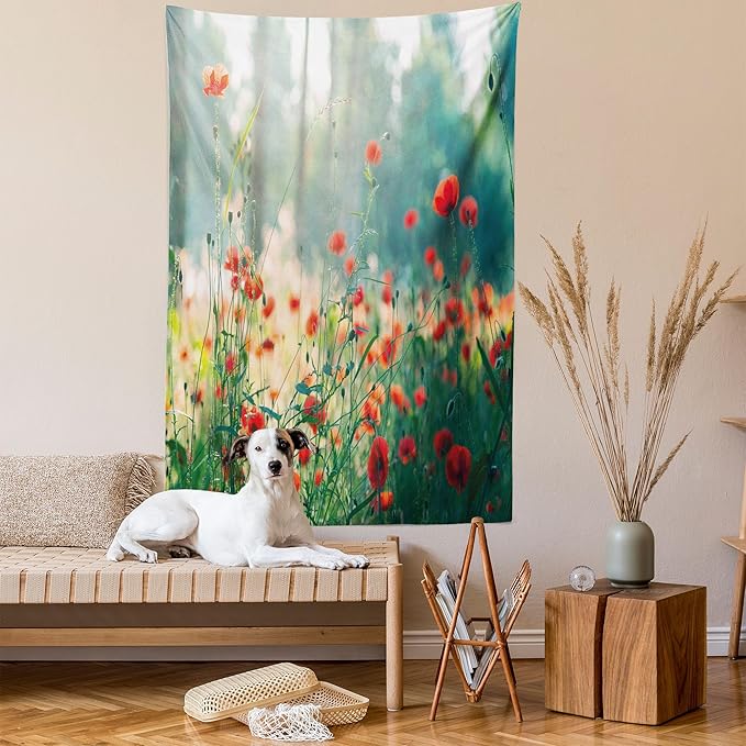 Ambesonne Nature Tapestry Queen Size, Wild Red Poppy Flowers Field Summertime Sunbeams Gardening Bedding Plants, Wall Hanging Bedspread Bed Cover Wall Decor, 88" X 88", Red Green Yellow