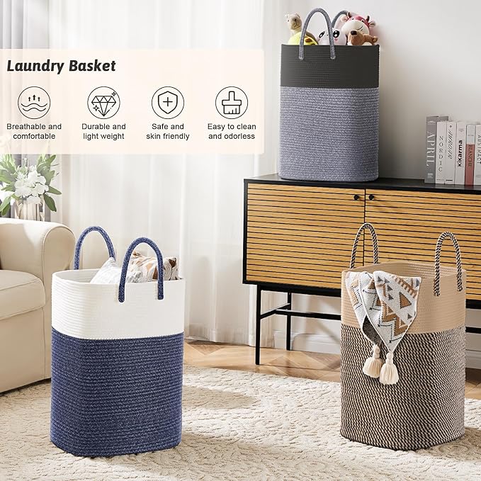 Laundry Basket,Woven Cotton Rope Laundry Hamper,Versatile Storage for Dirty Clothes,Baby Toys,and Blankets in Bathroom, Nursery,and Living Room (Jute, 80L)