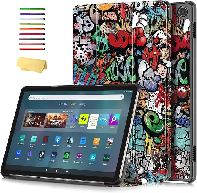 Slim Case for Amazon Fire Max 11 Tablet (13th Generation 2023 Release) Trifold Lightweight Hard Shell PU Leather Stand Folio Protective Cover with Auto Wake/Sleep Colored Graffiti Doodle