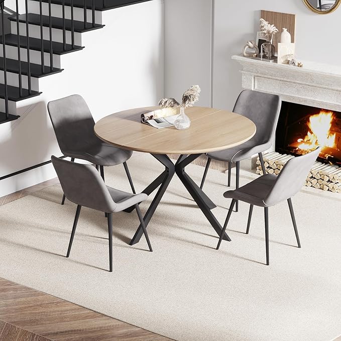 46.4" Round Dining Table Set with 4 Chairs, Modern Dining Set with Comfortable PU Leather Chairs, Sturdy MDF Table with X-Shaped Base, Easy Assembly, Ideal for Dining Room or Kitchen