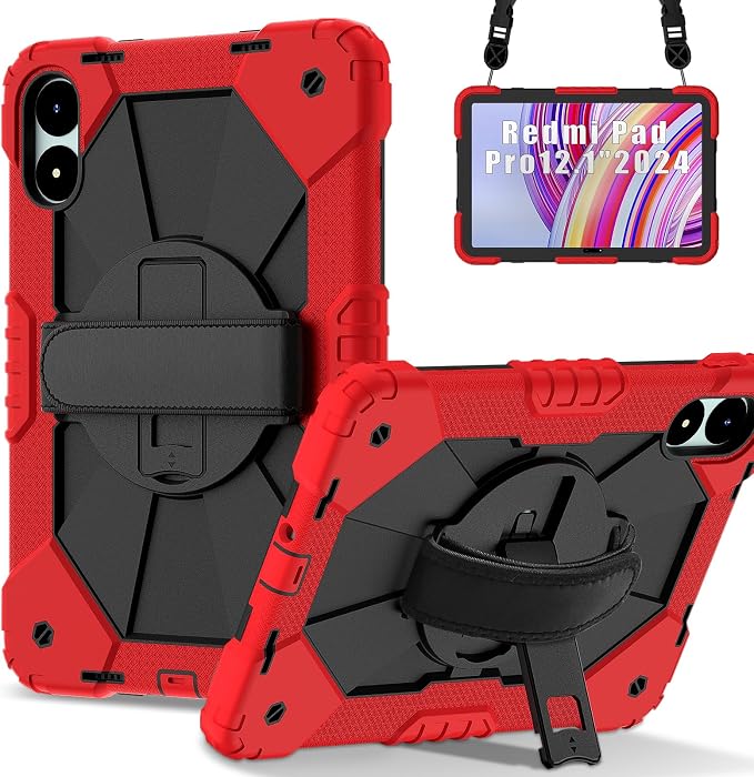 for Xiaomi Redmi Pad Pro 12.1/Xiaomi Poco Pad 12.1 Case with with Kickstand/Hand Strap/Rotating/Shoulder Strap (Black/Black)