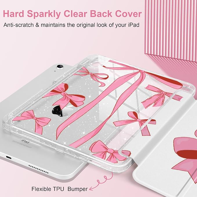 MEEgoodo Case for iPad A16 11th Generation 2025/10th Generation 2022 Glitter Tablet Cases with Transparent Acrylic Back+Trifold Stand +Pencil Holder+Auto Wake/SleepAbstract Sun &amp Palm Tree