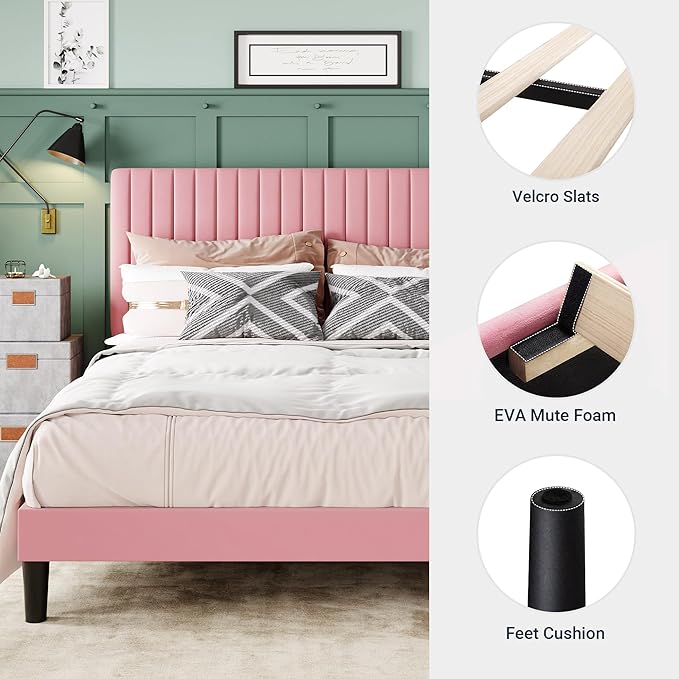 Allewie Full Bed Frame, Velvet Upholstered Platform Bed with Adjustable Vertical Channel Tufted Headboard, Mattress Foundation with Strong Wooden Slats, Box Spring Optional, Easy Assembly, Pink