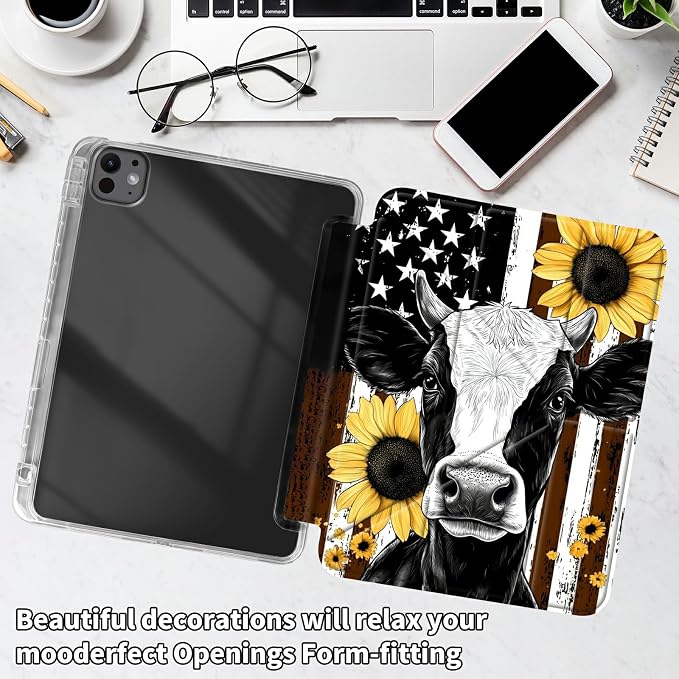 for iPad 10.2 &amp 10.5/iPad 9th/8th/7th Generation 10.2 2021 2020 2019 Case Mutil Angles Folding Y-Shaped Stand Cover with Pencil Holder Auto Wake/SleepAmerican Flag and Cow