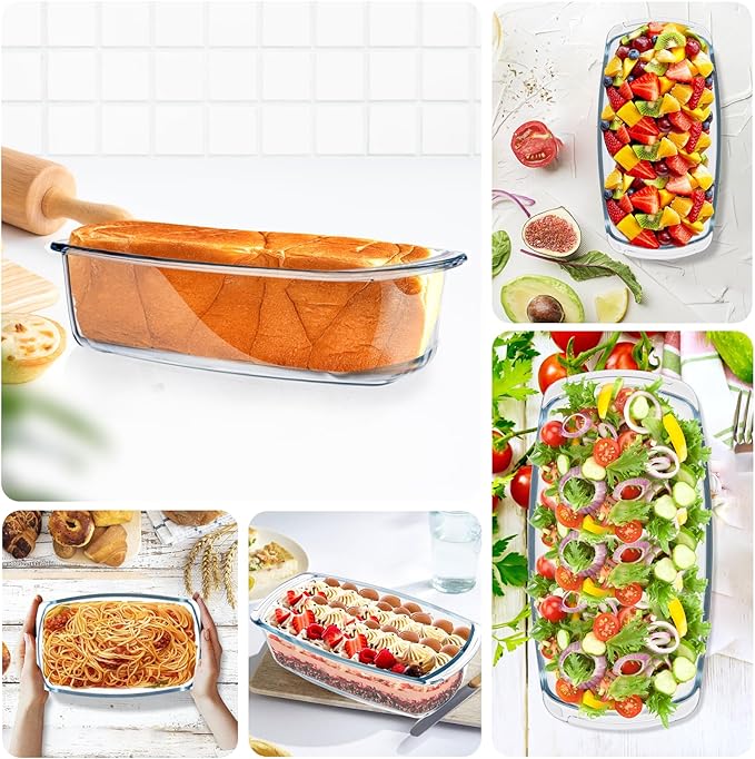 BAKEWAY Jambear Glass Loaf Pans for Baking Bread with Lids 2 Set - 1.9 Qt Glass Loaf Pan | Oven, Dishwasher, Fridge, Freezer & Microwave Safe, Bread Pan Suit for Lasagna, Meatloaf, Banana