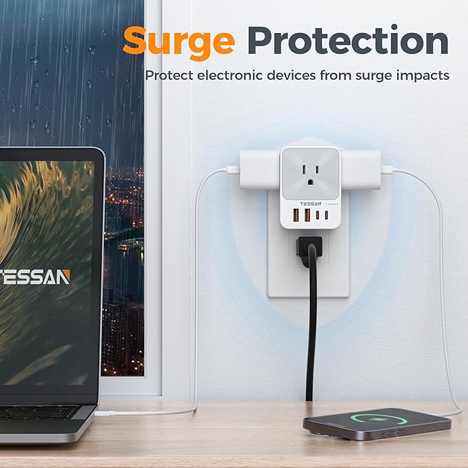 USB C Charger Block 20W PD, TESSAN 4 USB Wall Charger Fast Charging with 3 Outlet Extender Surge Protector, 3 Side Multi Port Adapter, Electric Multiple Outlet Plug for Home Office Dorm Room