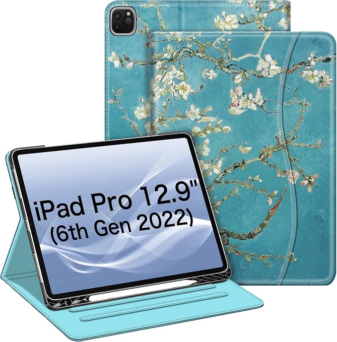 Fintie Multi-Angle Folio Case for iPad Pro 12.9 6th/5th/4th/3rd Generation | Multiple Viewing Angles Pencil Holder &amp Storage Pocket Drop Protection Pencil Charging Auto Sleep/Wake Blooming Hi