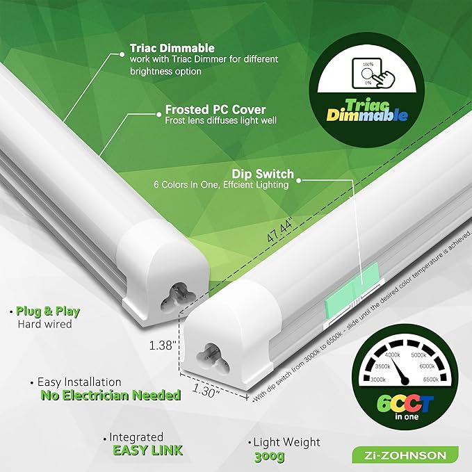 6 Pack Dimmable 4FT Led Shop Lights,30W T8 Integrated LED Tube Light,3000-6500K Tunable,3900LM W Frosted Cover,High Output,Linkable,Plug and Play Lights for Workshop,Garage,Basement,Barn