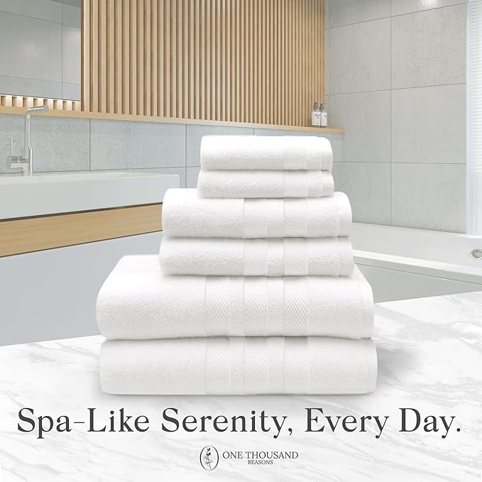 Zero Twist Bathroom Towel Set - Luxury Bath Towel Sets for Bathroom, Hands, and Washcloths - Quick Dry and Absorbent - 6 Pieces, 3 Stripe, White