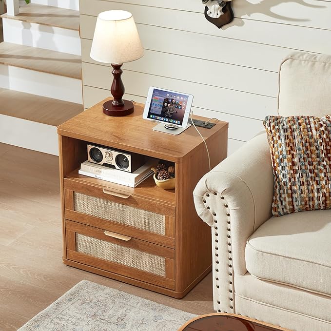 LEYAOYAO Rattan Nightstands Set of 2 with Charger Station, 23" Wide Boho Night Stand with 2 Drawers, Natural Wood Bedside Table Open Shlef, Bed Side End Table Dresser for Bedroom, Living Room Hallway