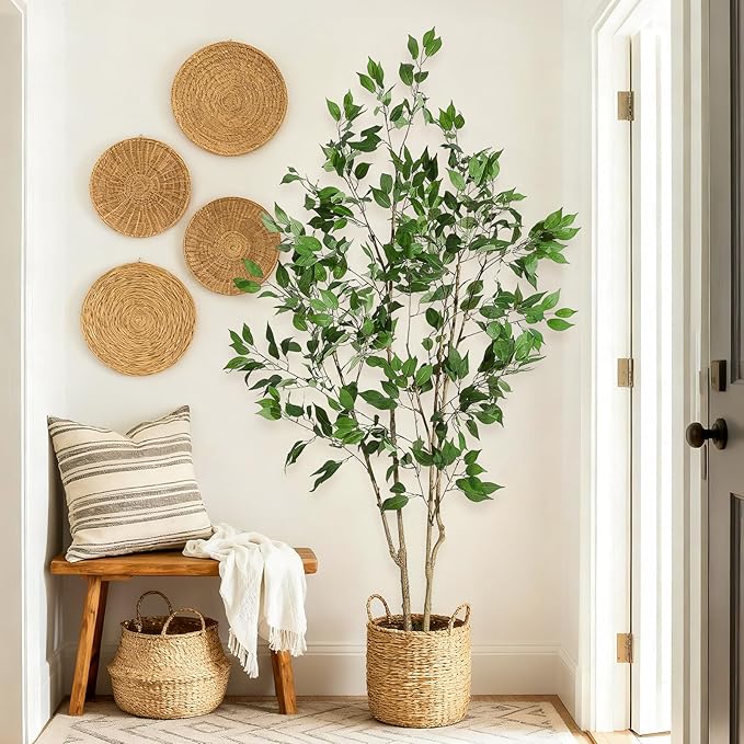 6FT Ficus Trees Artificial Indoor, Faux Silk Plant with Natural Wood Trunk and Lifelike Fruits, Black Imitation Ceramic Planter with Green Fake Moss for Modern Home Office Living Room Decor