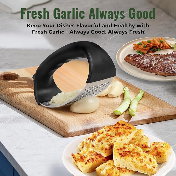 Pomyter Garlic Press Rocker, Stainless Steel Garlic Mincer and Garlic Crusher, Easy-Squeeze Garlic Tool with Peeler and Cleaning Brush for Smashing Garlic