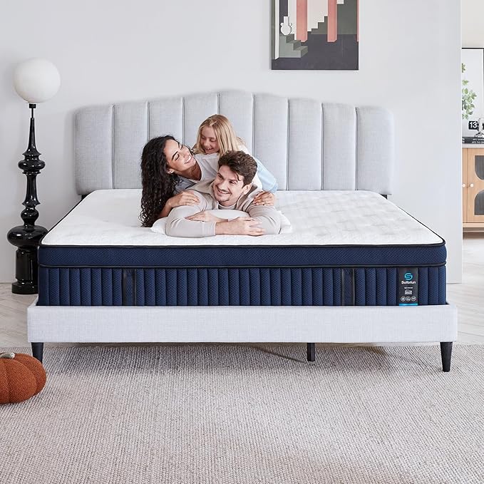 Suiforlun 14 Inch Queen Mattress with Ice Silk Cover, Euro Top Hybrid Gel Memory Foam with 7-Zone Individually Wrapped Coils, Medium Firm Queen Size Mattress for Pressure Relief