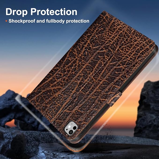 Gexmil Leather Case for iPad Pro 13 Inch M5/M4 2025/2024Crocodile Brown | Genuine Leather Cover with Magnetic ClosureSmart Folio Auto Sleep/WakeProtective ShockproofAdjustable Stand