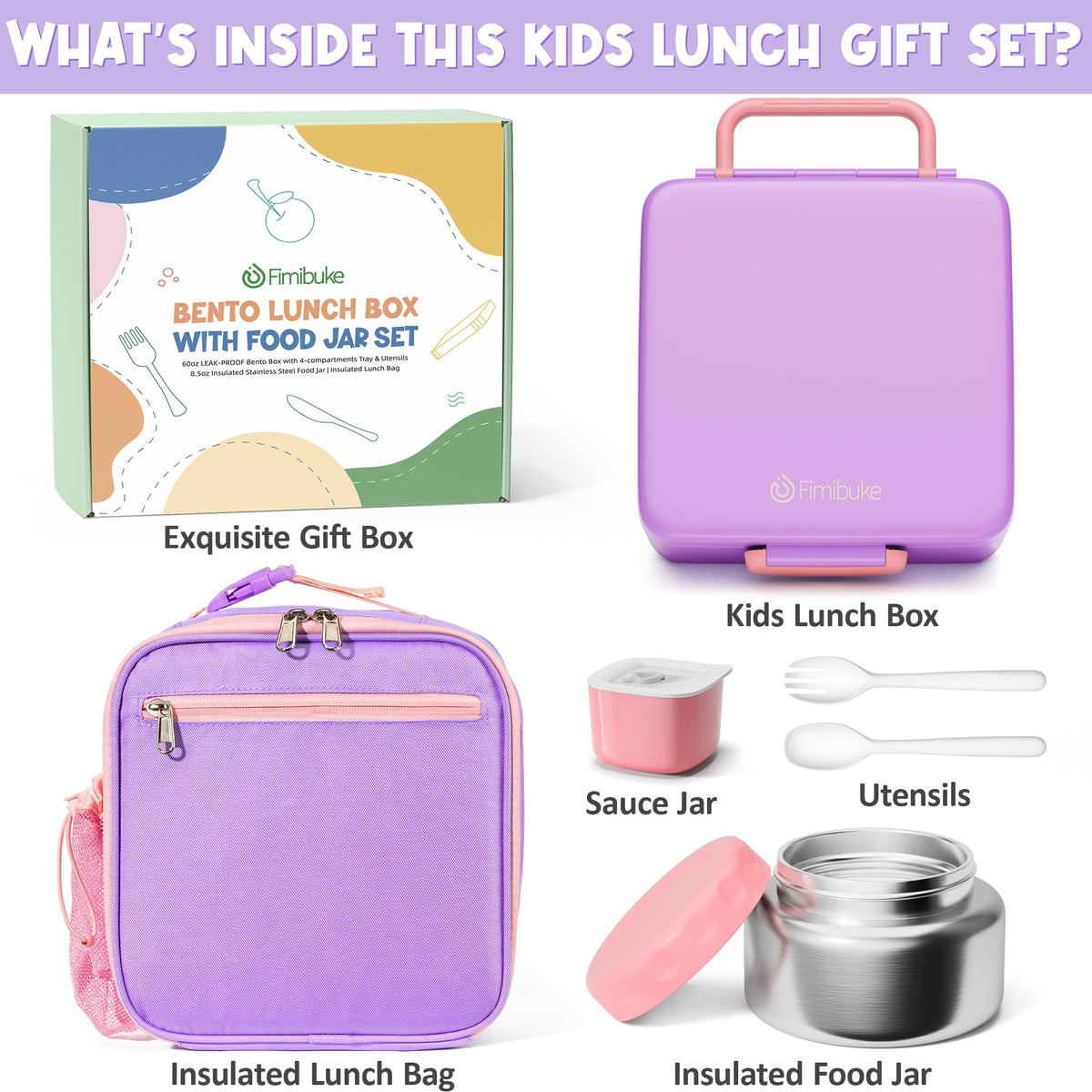 Fimibuke 60oz Kids Bento lunch Box with Insulated Lunch Bag & 8.5oz Thermo