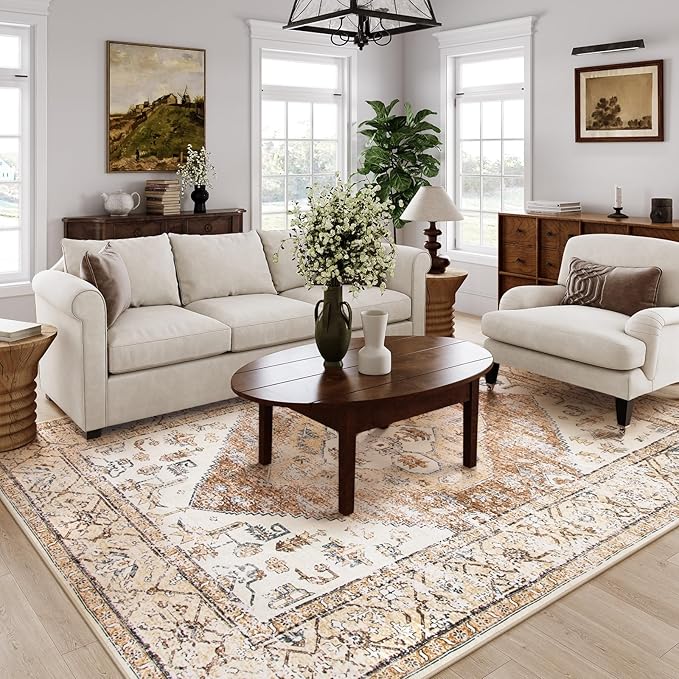 Lahome Washable Living Room Area Rugs 8x10 - Boho Ultra-Thin Non-Slip Bedroom Rug 8x10 Under Bed, Farmhouse Neutral Print Floor Carpet for Dining Room Office (Taupe,8'x10')