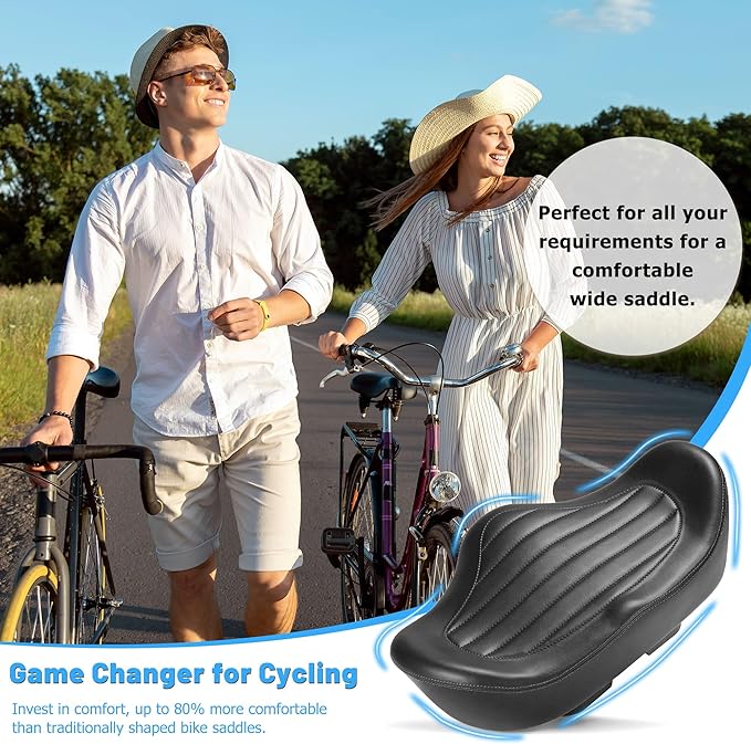 Noseless Oversized Bike Seat for Men Women Comfort, Extra Wide Padded Bicycle Seat Cushion, Large Comfortable Bike Saddle for Peloton, Stationary Exercise Bike, Beach Cruiser, City Bike, Ebike