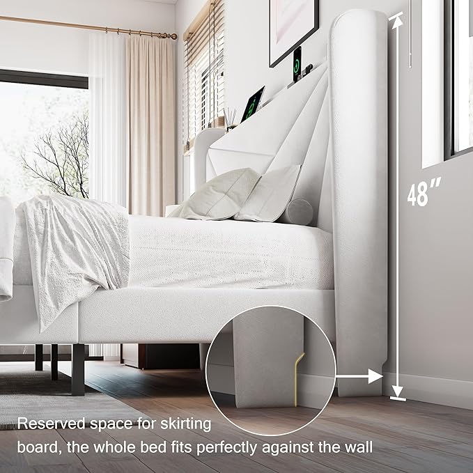Queen Size Upholstered Bed Frame with Charging Station, Platform Bed Frame with Storage Headboard, Solid Wood Slats Support, No Box Spring Needed, White