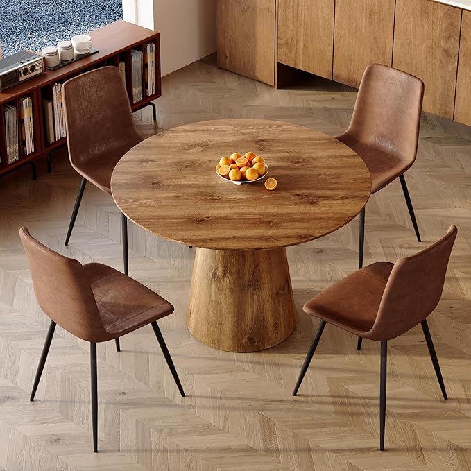 Round Dining Table Set for 4,45'' Farmhouse Dining Room Table Set for 4 with Suede Chairs,1" Thick Wood Pattern Tabletop with Conical Base,5 Pieces Kitchen Table Set for Dining Room,Apartment
