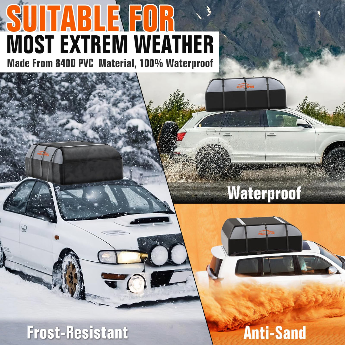ACLONG 21 Cubic Feet Car Roof Bag 840D Waterproof Rooftop Cargo Carrier Bag for All Cars with/Without Racks Includes Anti-Slip Mat Storage Bag Combination Lock 6 Door Hooks