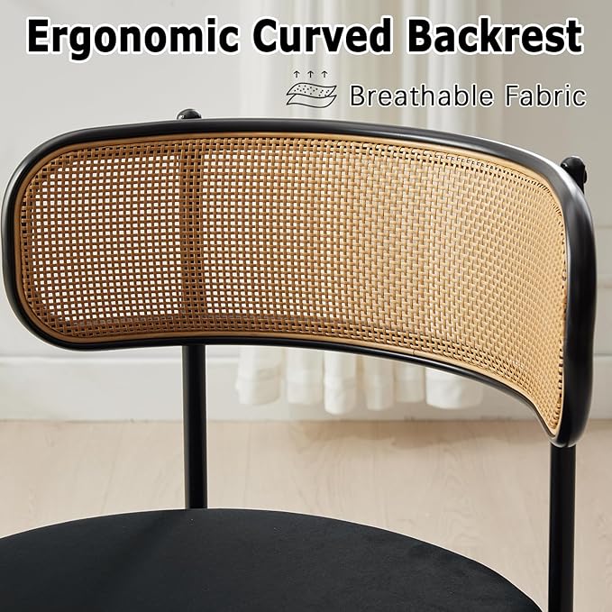 Rattan Dining Chairs Set of 2, Mid Century Modern Dining Chairs with Cane Back and Boucle Upholstered Seat, Farmhouse Kitchen Chairs for Dining Room and Living Room, Black