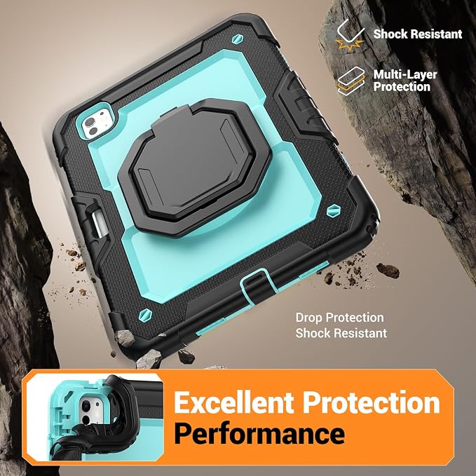 for iPad Pro 11 inch Protective Case M5 2025/M4 2024: Heavy Duty Shockproof Case with Pencil Holder - 360°Rotating Handle/Stand - Screen Protector - Shoulder Strap Black/Sky Blue
