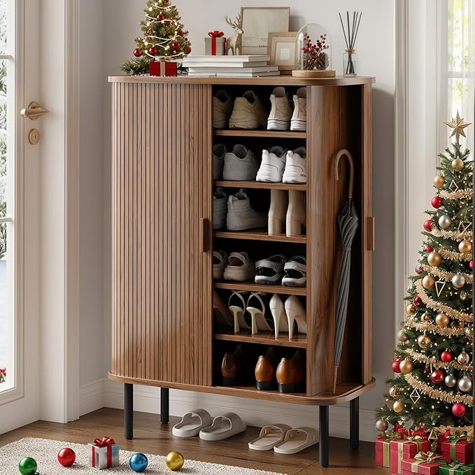 ONBRILL 6-Tier Shoe Cabinet with Sliding Door, Wooden Shoe Storage Cabinet with Adjustable Shelves, Mid-Century Modern Freestanding Shoe Storage Organizer for Entryway, Hallway, Living Room, Walnut