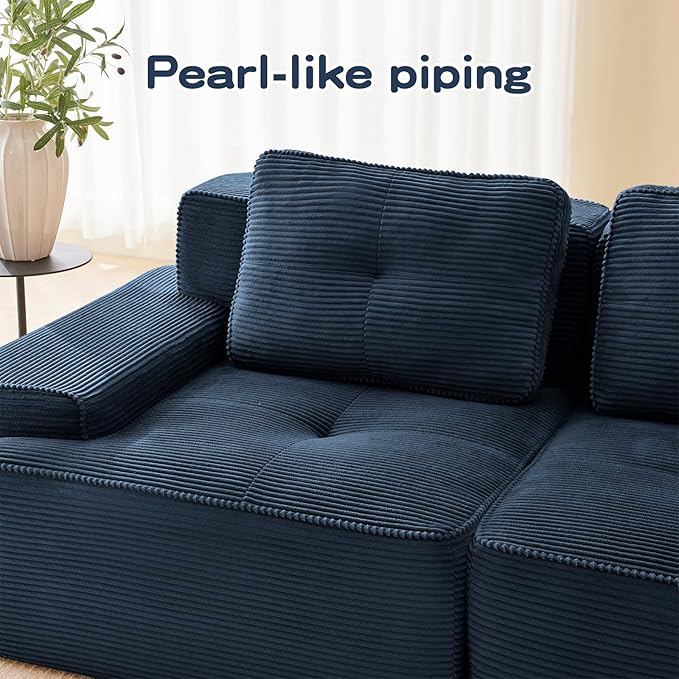 80" Modern Corduroy Boneless Love Seat Couches, 2 Seater Large Sectional Couches for Living Room, Blue Cloud Modular Sectional Sofa, Memory Foam, Extra Deep Loveseat, No Assembly