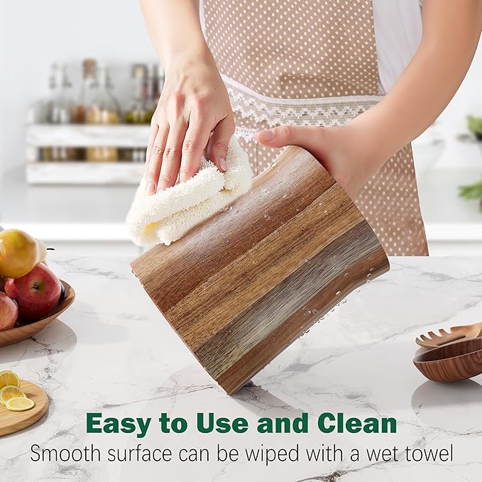 Utensil Holder, Acacia Wood Utensil Holder for Kitchen Counter, 360° Rotating Cooking Utensil Crocks for Countertop, 7.2" Large Utensil Organizer for Spatula Storage