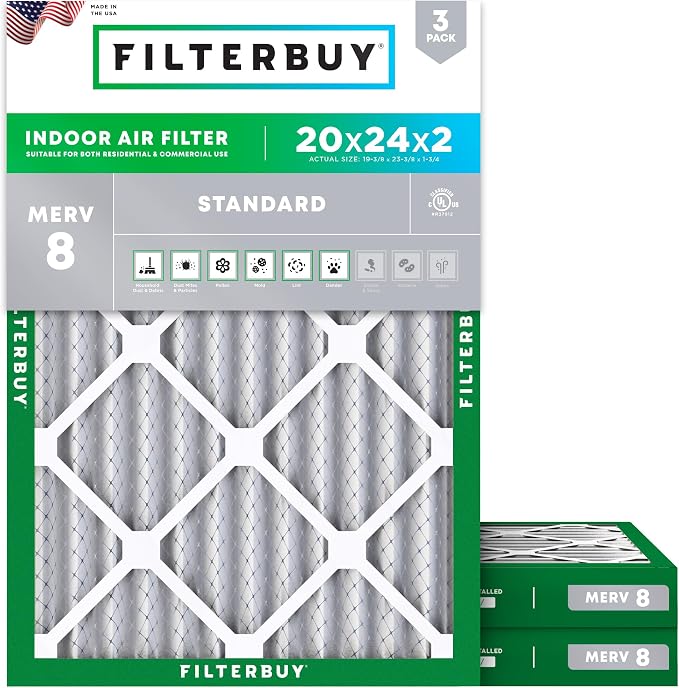 Filterbuy 20x24x2 Air Filter MERV 8 Essential Dust & Allergy Defense,