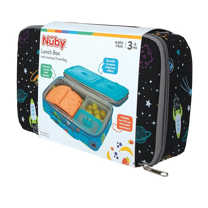 Nuby Lunchbox with Insulated Travel Bag - Bento Lunch Box - 3+ Years - Galactic Design - Back to School Essentials
