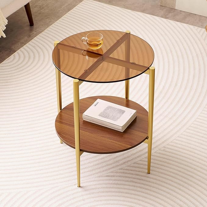 Round Glass End Table, Mid-Century Modern Design Sofa Table for Living Room, D18 x H23, 2-Tier Structure, Amber Glass Top and Walnut Shelf, Sleek Conical Legs with Gold Finish Frame