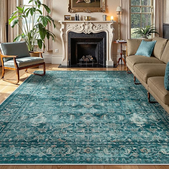 Lahome Vintage 9x12 Washable Blue Rugs for Living Room Bedroom, Boho Dining Room Rugs for Under Table, Soft Non Slip Indoor Throw Carpet for Home Office Playroom (9x12ft,Blue)