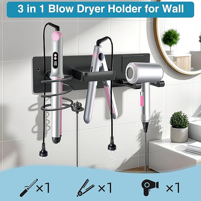 Dovyn Blow Dryer Holder Wall Mount, 3 in 1 Bathroom Hair Tool Organizer with Curling Iron Holder & Flat Iron Holder, Universal Hair Dryer Holder Rack Storage Matte Black