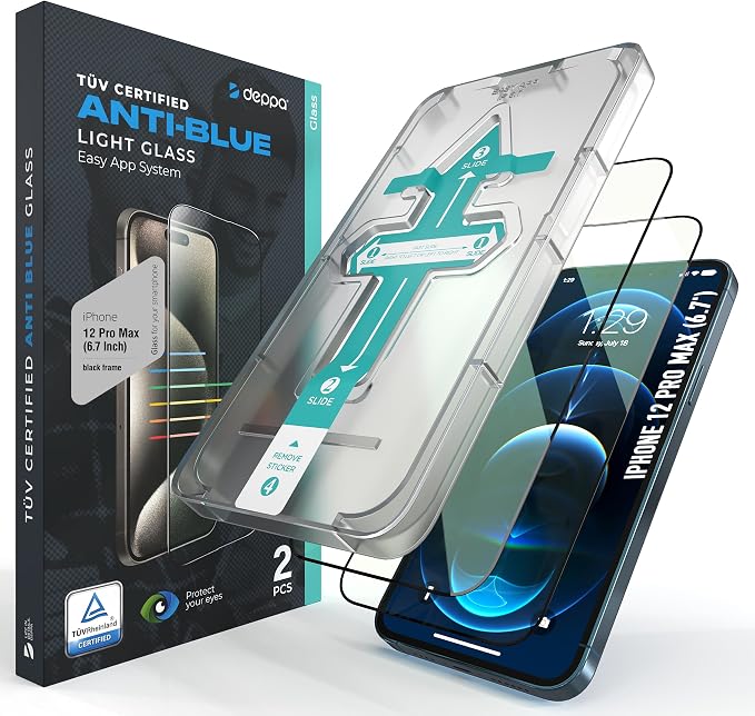 |2 Pack| Anti-Blue Light Screen Protector for iPhone 12 Pro Max (6.7')| Scratch Resistant Tempered Glass | 3D Edge to Edge Coverage | Easy Installation Kit | Eye Safeguard TÜV Certified